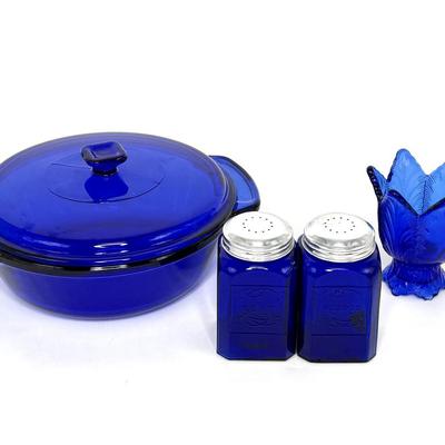 Vintage Cobalt Blue Glass Lot - Casserole, Salt & Pepper Shakers, Bud Vase