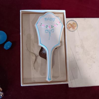 WOODEN BABY TOYS, BUTTONS AND BRUSH FROM 1940