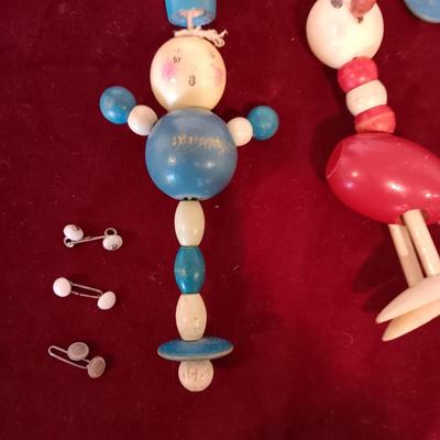 WOODEN BABY TOYS, BUTTONS AND BRUSH FROM 1940
