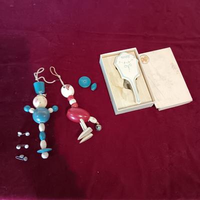 WOODEN BABY TOYS, BUTTONS AND BRUSH FROM 1940