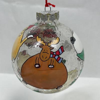 Large Glass Ball Ornament with painted Christmas Holiday Theme with box