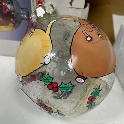 Large Glass Ball Ornament with painted Christmas Holiday Theme with box