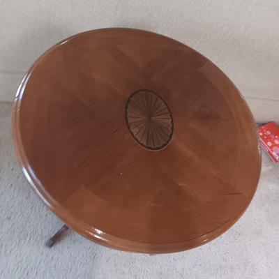 ANTIQUE MAHOGANY HARP TABLE W/BRASS CLAW FEET AND INLAID TOP