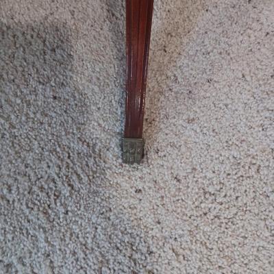 ANTIQUE MAHOGANY HARP TABLE W/BRASS CLAW FEET AND INLAID TOP