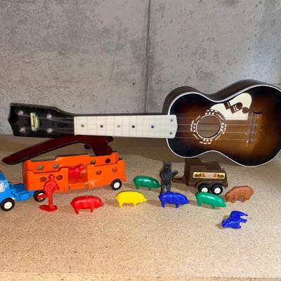 HARMONY UKULELE WITH INSTRUCTION BOOKS, TOOTSIE TOY TRUCK AND TRAILER WITH FARM ANIMALS