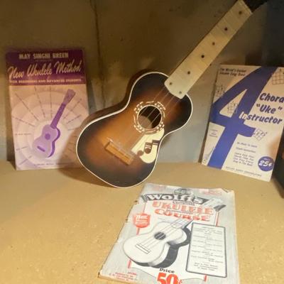 HARMONY UKULELE WITH INSTRUCTION BOOKS, TOOTSIE TOY TRUCK AND TRAILER WITH FARM ANIMALS