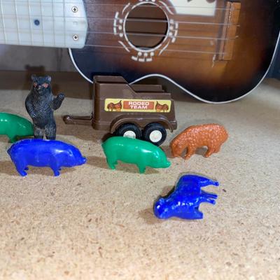 HARMONY UKULELE WITH INSTRUCTION BOOKS, TOOTSIE TOY TRUCK AND TRAILER WITH FARM ANIMALS