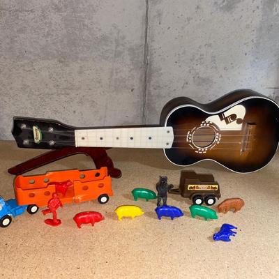 HARMONY UKULELE WITH INSTRUCTION BOOKS, TOOTSIE TOY TRUCK AND TRAILER WITH FARM ANIMALS