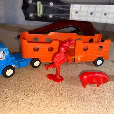 HARMONY UKULELE WITH INSTRUCTION BOOKS, TOOTSIE TOY TRUCK AND TRAILER WITH FARM ANIMALS