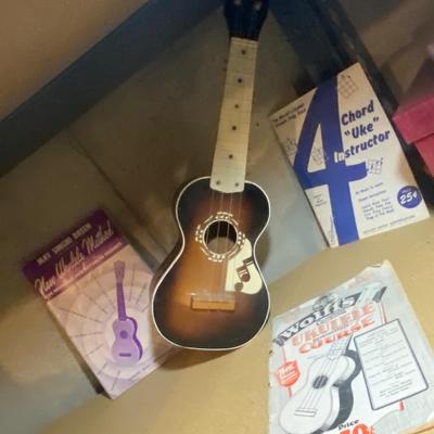 HARMONY UKULELE WITH INSTRUCTION BOOKS, TOOTSIE TOY TRUCK AND TRAILER WITH FARM ANIMALS