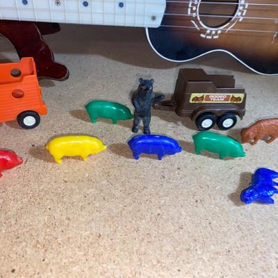 HARMONY UKULELE WITH INSTRUCTION BOOKS, TOOTSIE TOY TRUCK AND TRAILER WITH FARM ANIMALS