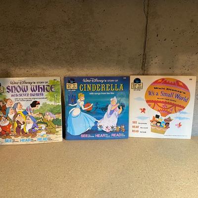 DISNEY READ ALONG WITH 45’s RECORDS ** CINDERELLA, SNOW WHITE, & IT’S A SMALL WORLD