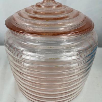 Vintage Pink Depression Glass Bee Hive Cookie Jar with lid