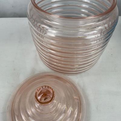 Vintage Pink Depression Glass Bee Hive Cookie Jar with lid