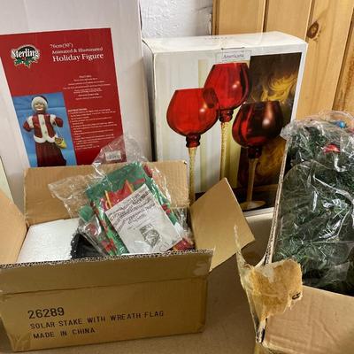 Mrs Claus, candle holders, wall tree, solar stake with flag