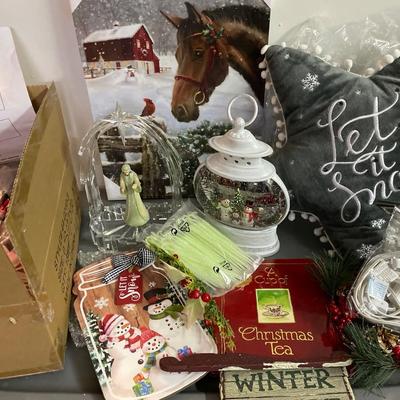 Wall decor, lighted snow globe, solar snowman stakes