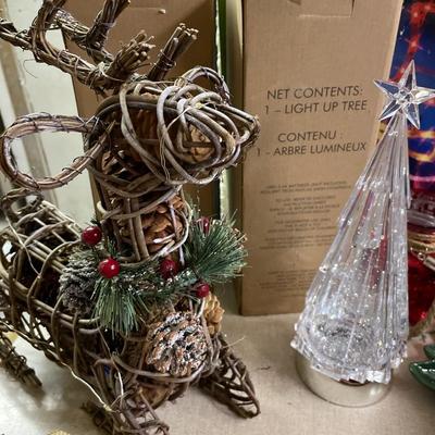 Two light up trees, reindeer, angel, wall tree, snowman