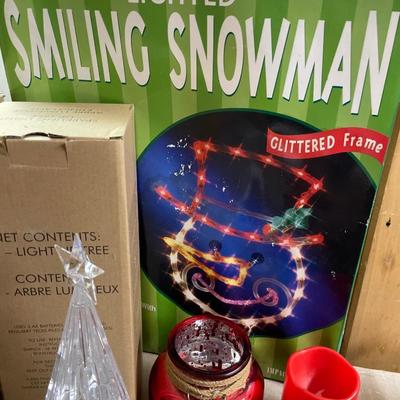 Two light up trees, reindeer, angel, wall tree, snowman