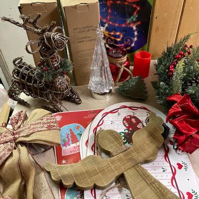 Two light up trees, reindeer, angel, wall tree, snowman