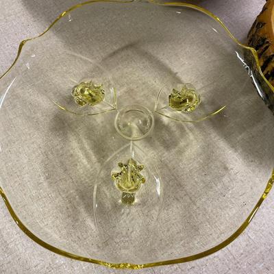 Floral bowl from Germany, 3-footed yellow depression glass plate