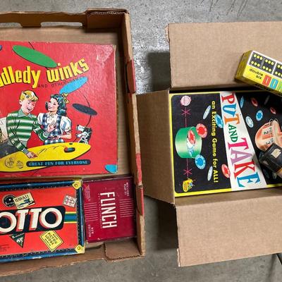 Tiddlywinks, lotto, flinch, put and take, pick up sticks and dominoes