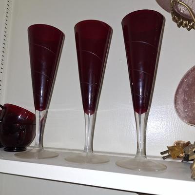 3 Ruby Red Champagne Glasses
