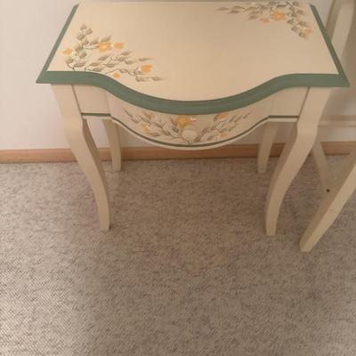 2 floral decor tables with drawers and 1 chair