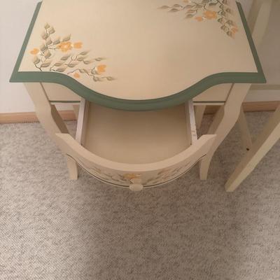 2 floral decor tables with drawers and 1 chair