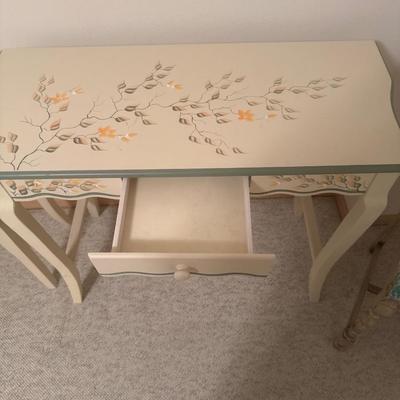 2 floral decor tables with drawers and 1 chair
