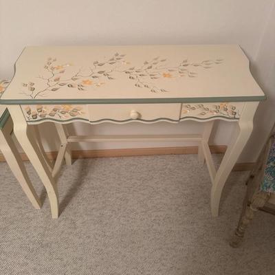 2 floral decor tables with drawers and 1 chair