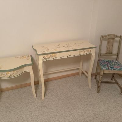 2 floral decor tables with drawers and 1 chair