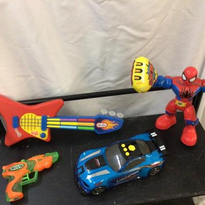 Spider Man, Light Speed Car, Little Tikes Guitar, Super Streamer Squirt Gun