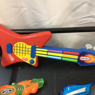 Spider Man, Light Speed Car, Little Tikes Guitar, Super Streamer Squirt Gun