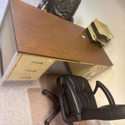Vintage metal desk with 2 chairs and accessories