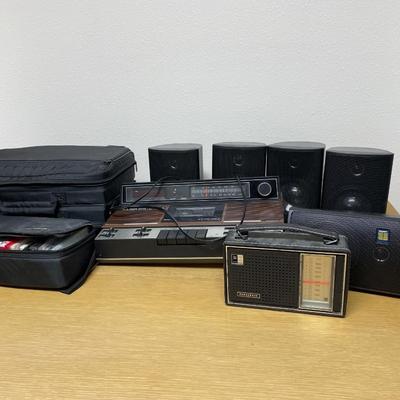 Vintage cassette tape player, speakers, cases & cassettes