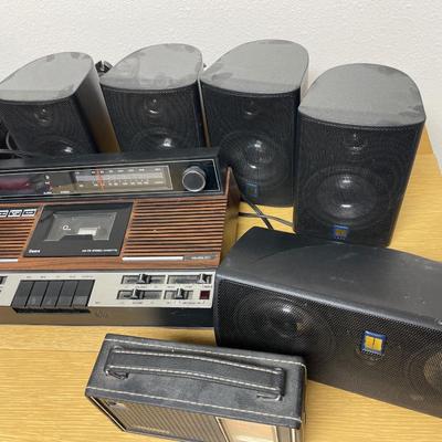 Vintage cassette tape player, speakers, cases & cassettes