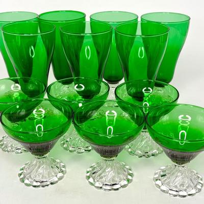 Vintage Set of 13 Anchor Hocking "Burple" Green Glasses - 7 Water Goblets and 6 Champagne Glasses