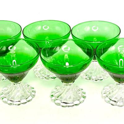 Vintage Set of 13 Anchor Hocking "Burple" Green Glasses - 7 Water Goblets and 6 Champagne Glasses