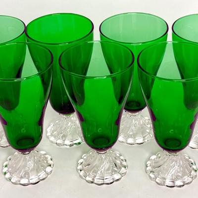 Vintage Set of 13 Anchor Hocking "Burple" Green Glasses - 7 Water Goblets and 6 Champagne Glasses