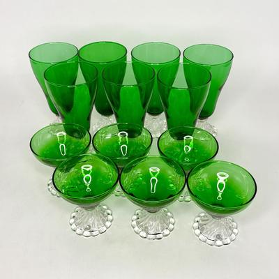 Vintage Set of 13 Anchor Hocking "Burple" Green Glasses - 7 Water Goblets and 6 Champagne Glasses
