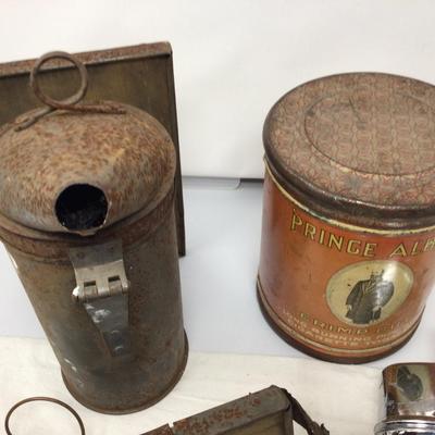 Bee Stoker, Two Metal and Glass Flasks, and Tobacco Tin