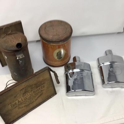 Bee Stoker, Two Metal and Glass Flasks, and Tobacco Tin