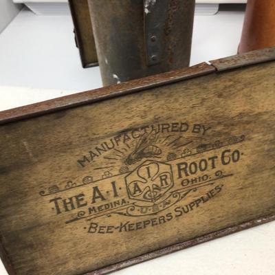 Bee Stoker, Two Metal and Glass Flasks, and Tobacco Tin