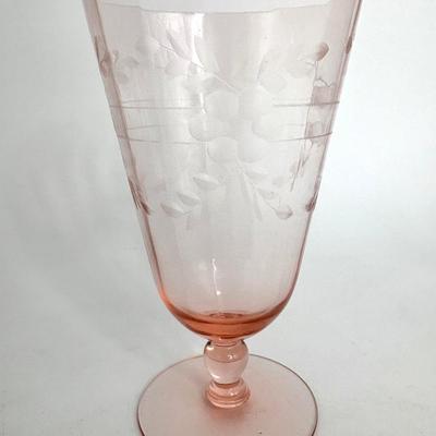 Vintage Blanche Pink Ice Etched Floral Tea Glasses by Standard Glass - Set of 7