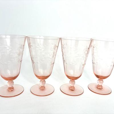 Vintage Blanche Pink Ice Etched Floral Tea Glasses by Standard Glass - Set of 7