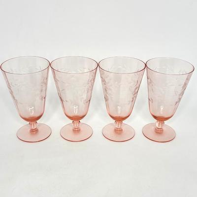 Vintage Blanche Pink Ice Etched Floral Tea Glasses by Standard Glass - Set of 7
