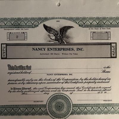 Nancy Enterprises stock certificate