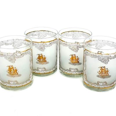 Set of Four MCM Frosted Tumblers with Gold Ships by Georges Briard