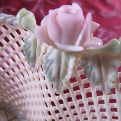 Belleek porcelain pink floral reticulated weaved basket