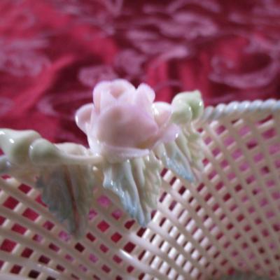 Belleek porcelain pink floral reticulated weaved basket